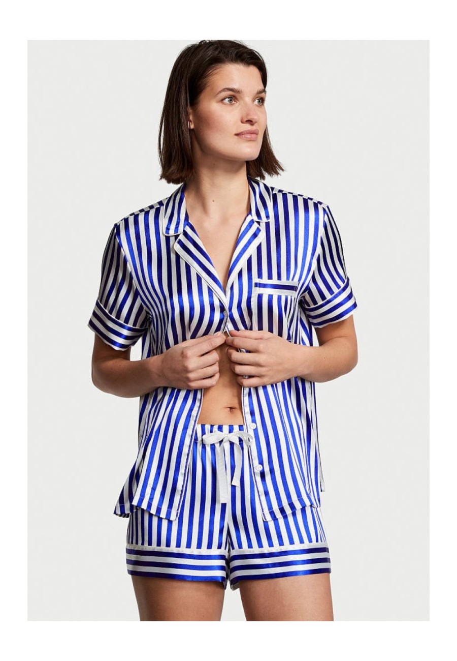 Сатинова піжама Victoria's Secret Satin Short Pajama Set Blue Stripe