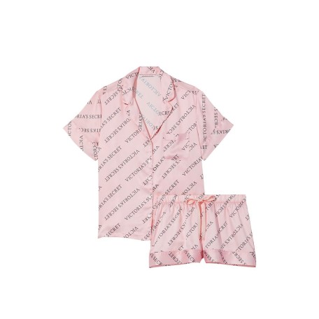 Сатиновая пижама Victoria's Secret Satin Short Pajama Set Pink Logo Stripe
