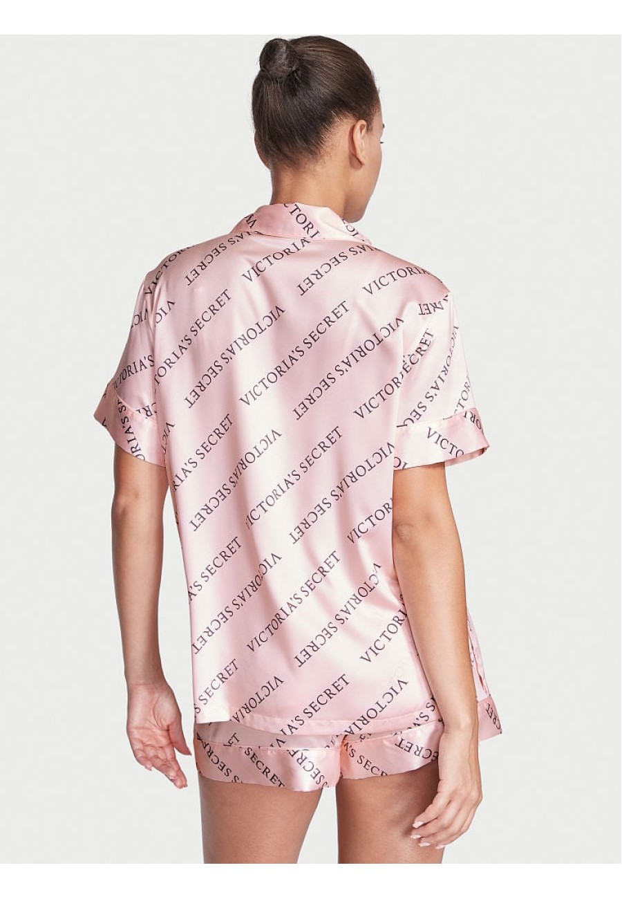 Сатинова піжама Victoria Secret Satin Short Pajama Set Pink Logo Stripe