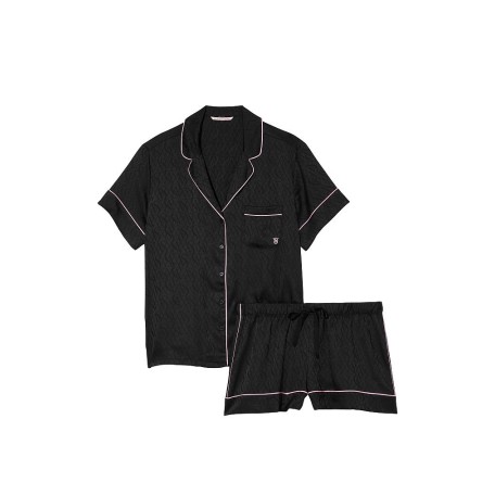 Сатиновая пижама Victoria's Secret Satin Short Pajama Set Black Logo Stripe