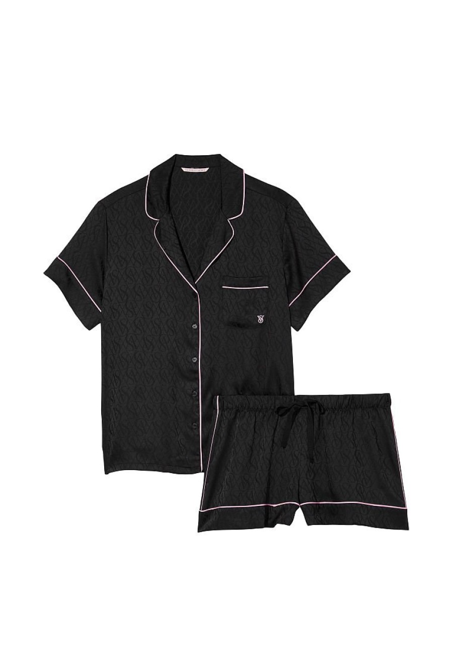 Сатинова піжама Victoria Secret Satin Short Pajama Set Black Logo Stripe