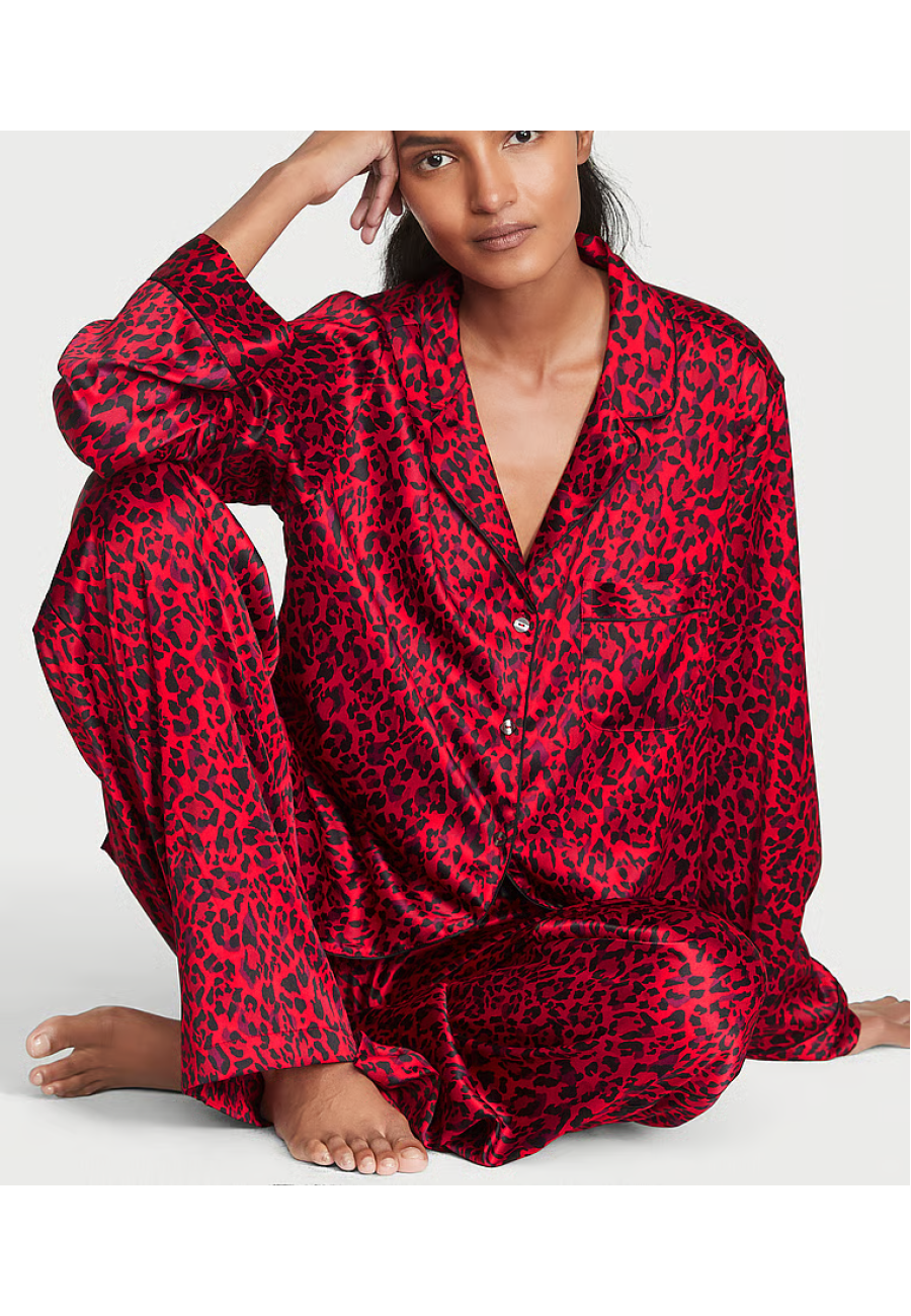 Сатинова піжама Victoria's Secret Satin Long Pajama Set Lipstick Leopard