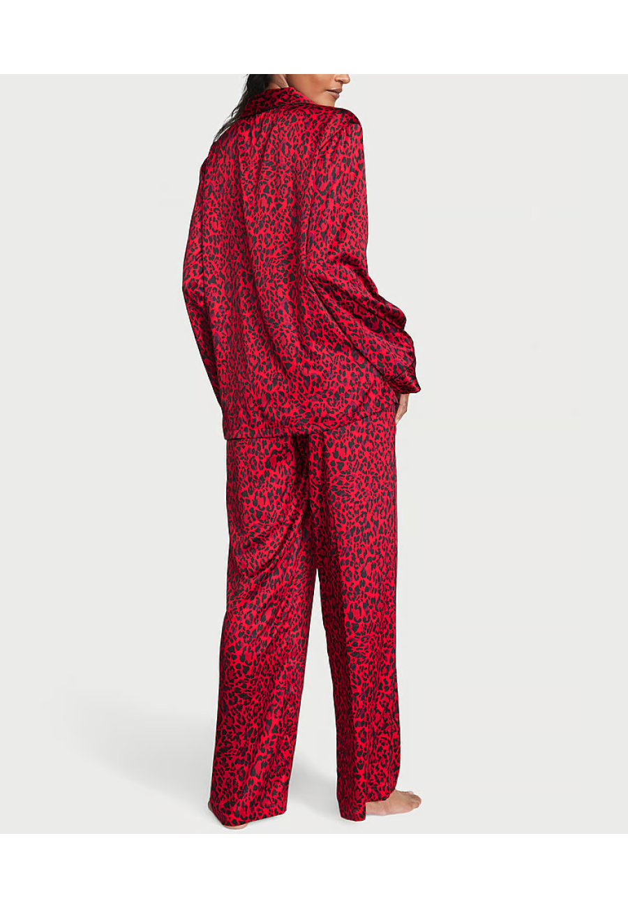 Сатинова піжама Victoria's Secret Satin Long Pajama Set Lipstick Leopard