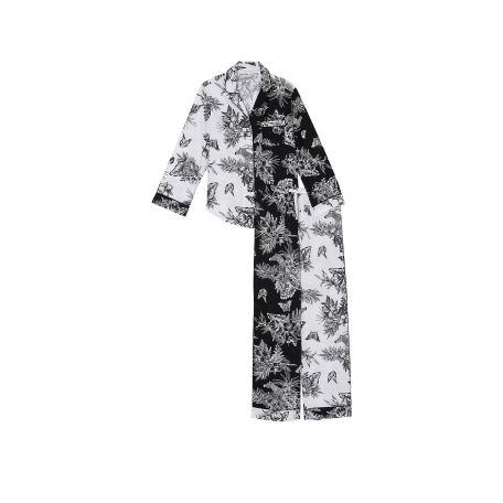 Пижама Cotton Long Pajama Set Black & White Tropical Toile