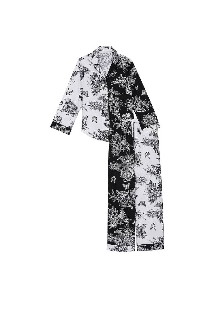 Пижама Cotton Long Pajama Set Black & White Tropical Toile