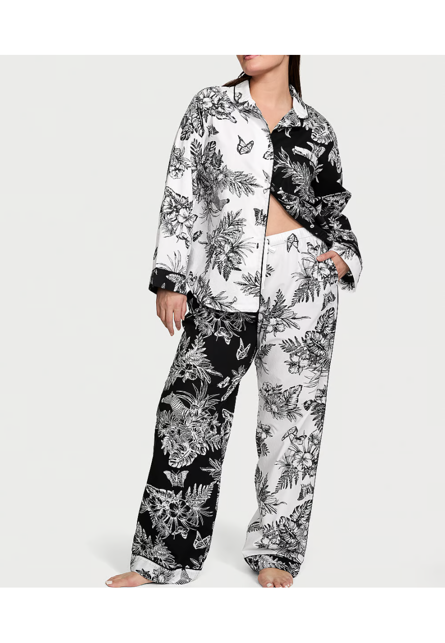 Пижама Cotton Long Pajama Set Black & White Tropical Toile