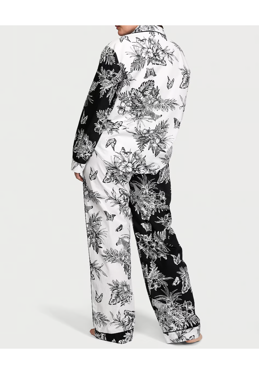 Пижама Cotton Long Pajama Set Black & White Tropical Toile