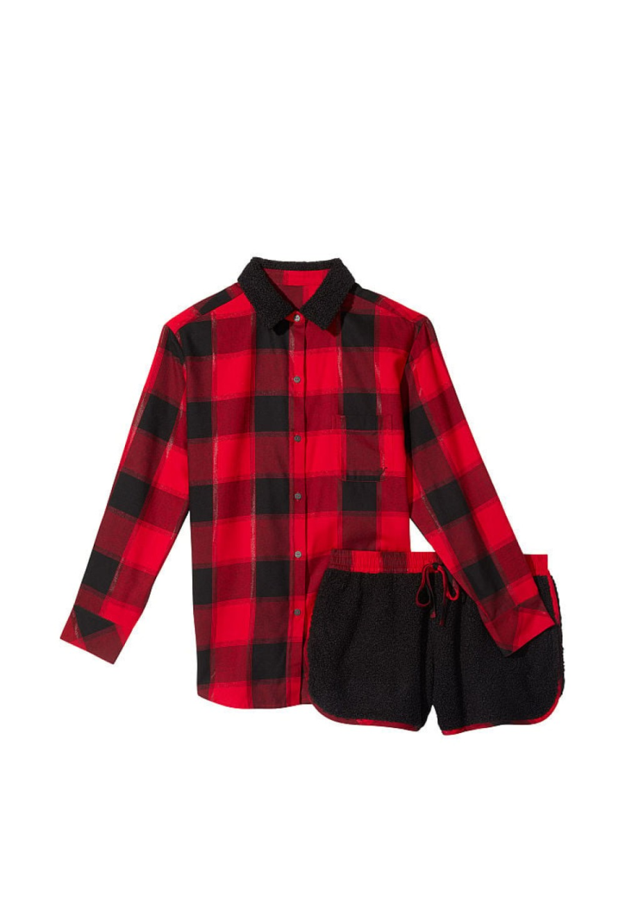 Піжама Flannel Short Cozy Fleece Long-Sleeve PaJama Set Red Plaid