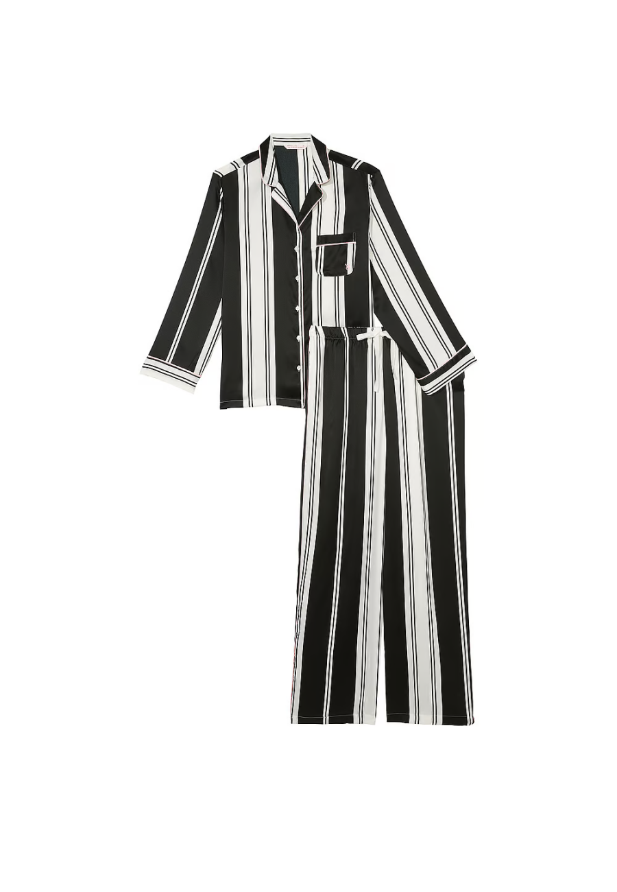 Пижама Satin Long Pajama Set Coconut White & Black Stripes