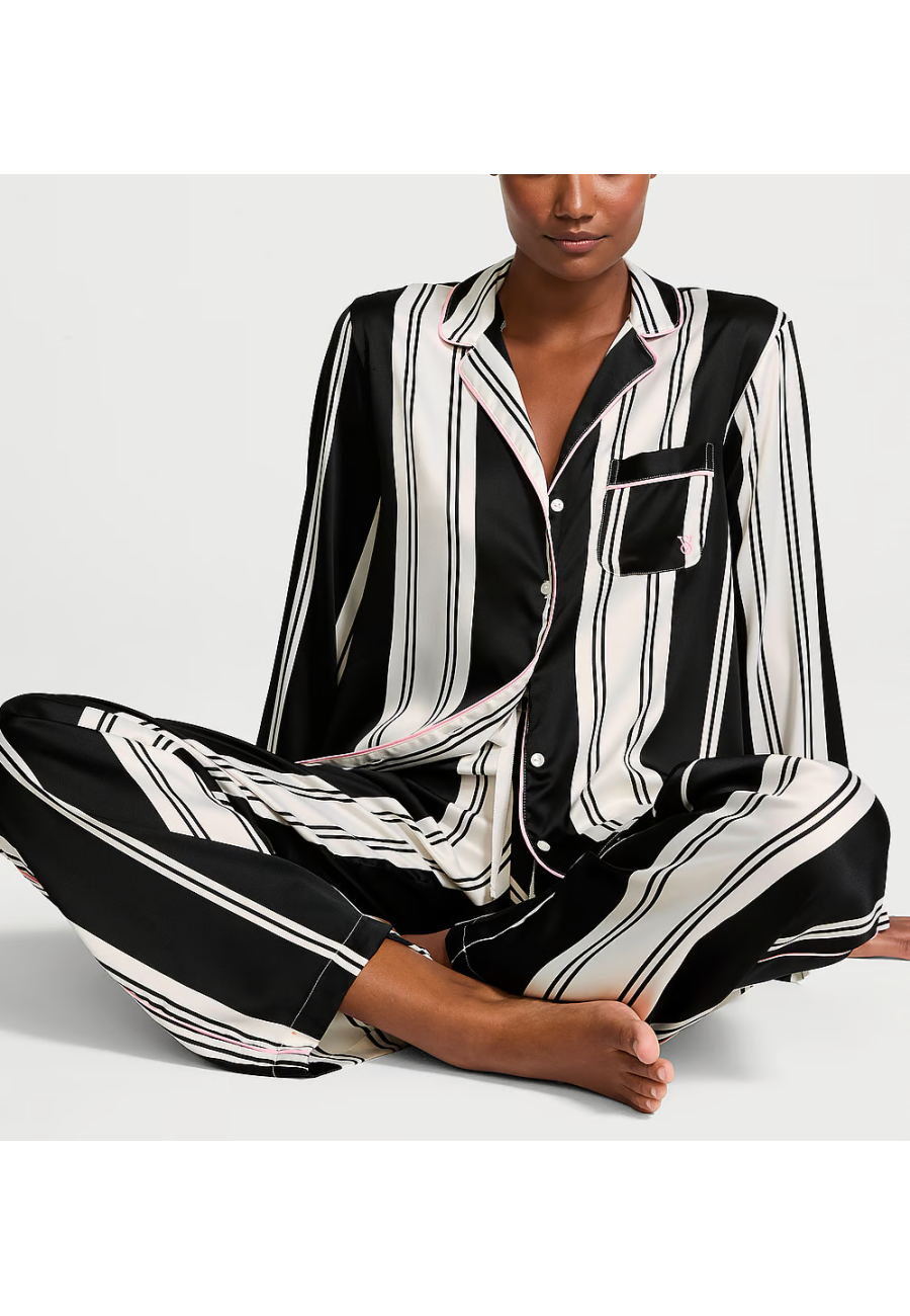 Пижама Satin Long Pajama Set Coconut White & Black Stripes