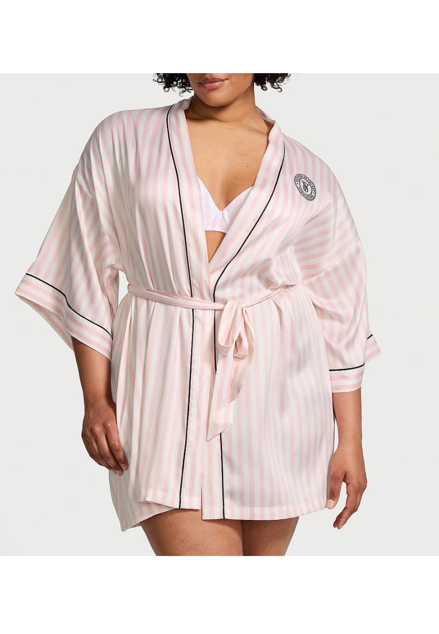 Халат Satin Short Piped Robe Pink Iconic Strape