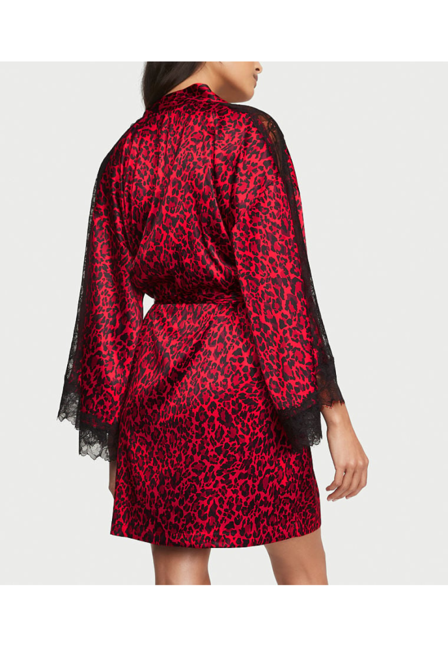 Сатиновий халат Lace Inset Robe Red Leopard