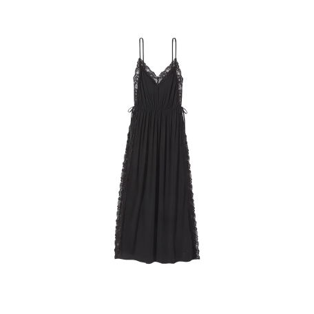 Пеньюар Modal & Lace Trim High-Slit Maxi Slip Dress Black
