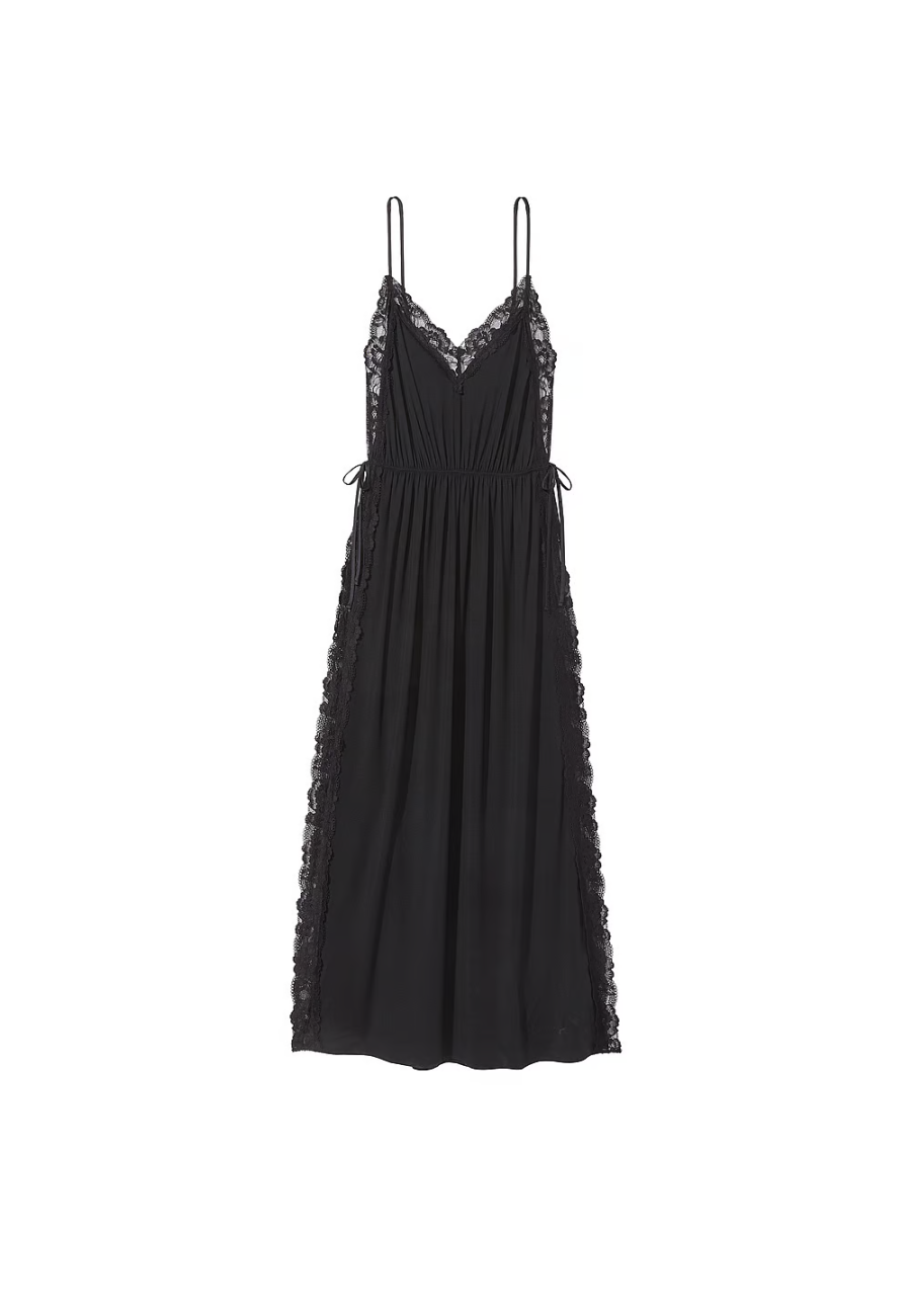 Пеньюар Modal & Lace Trim High-Slit Maxi Slip Dress Black