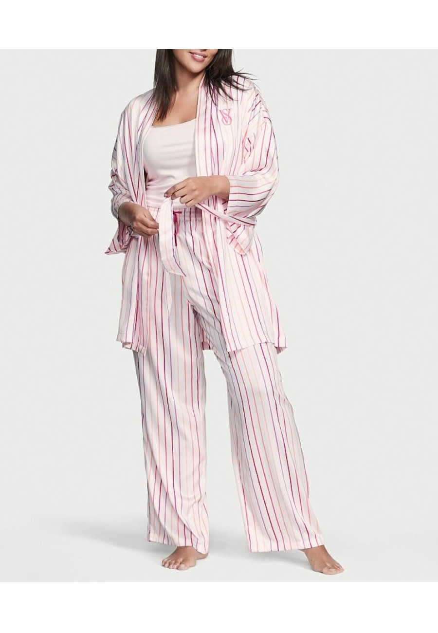 Сатинова піжама Victoria's Secret 3-piece Satin Pink Stripe
