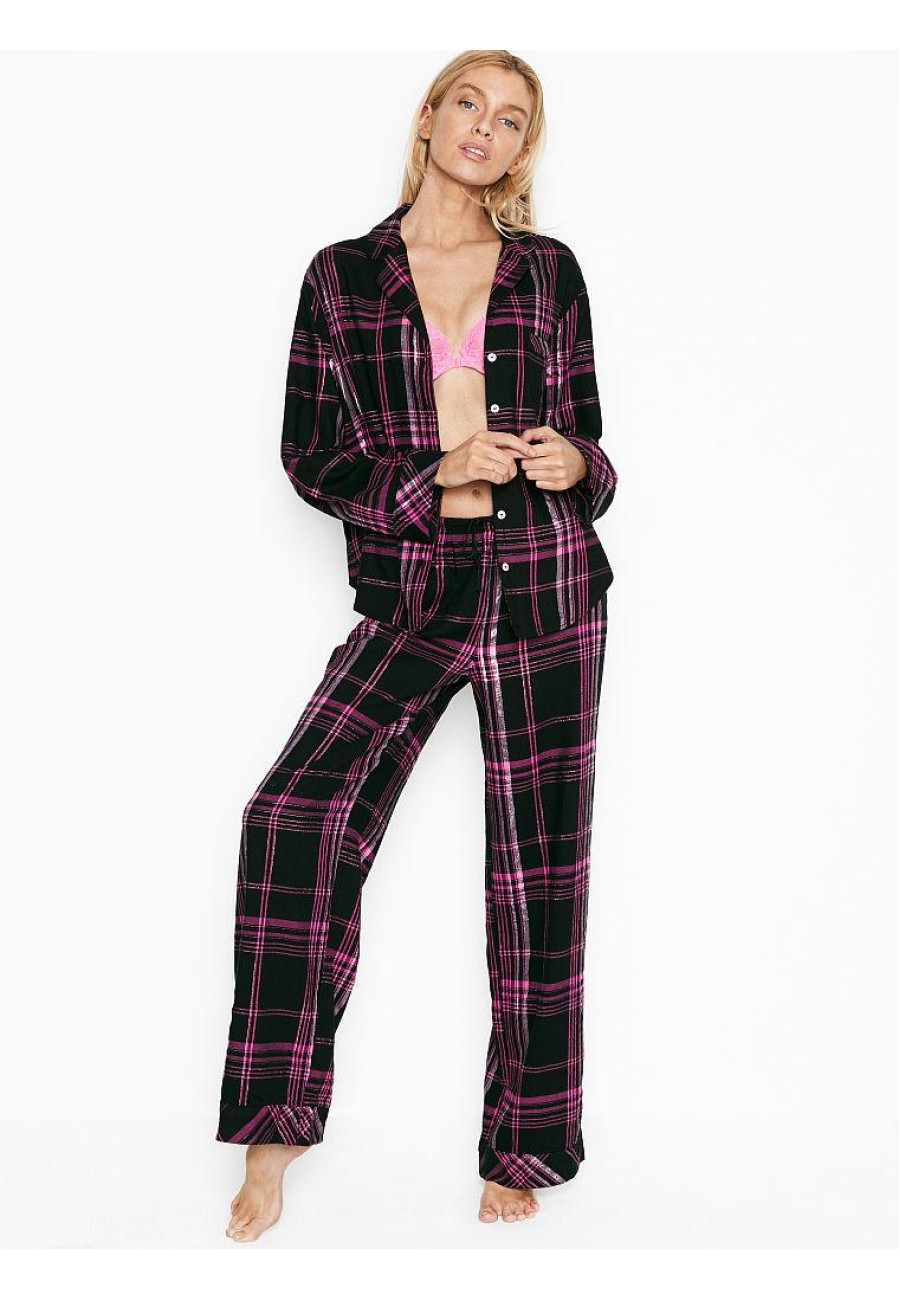 Піжама чорна в розову клітинку VS Flannel Long PJ Set