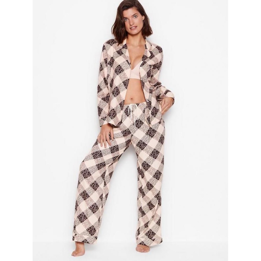 Фланелевая пижама Виктория Сикрет Flannel Long PJ Set леопаровый принт 