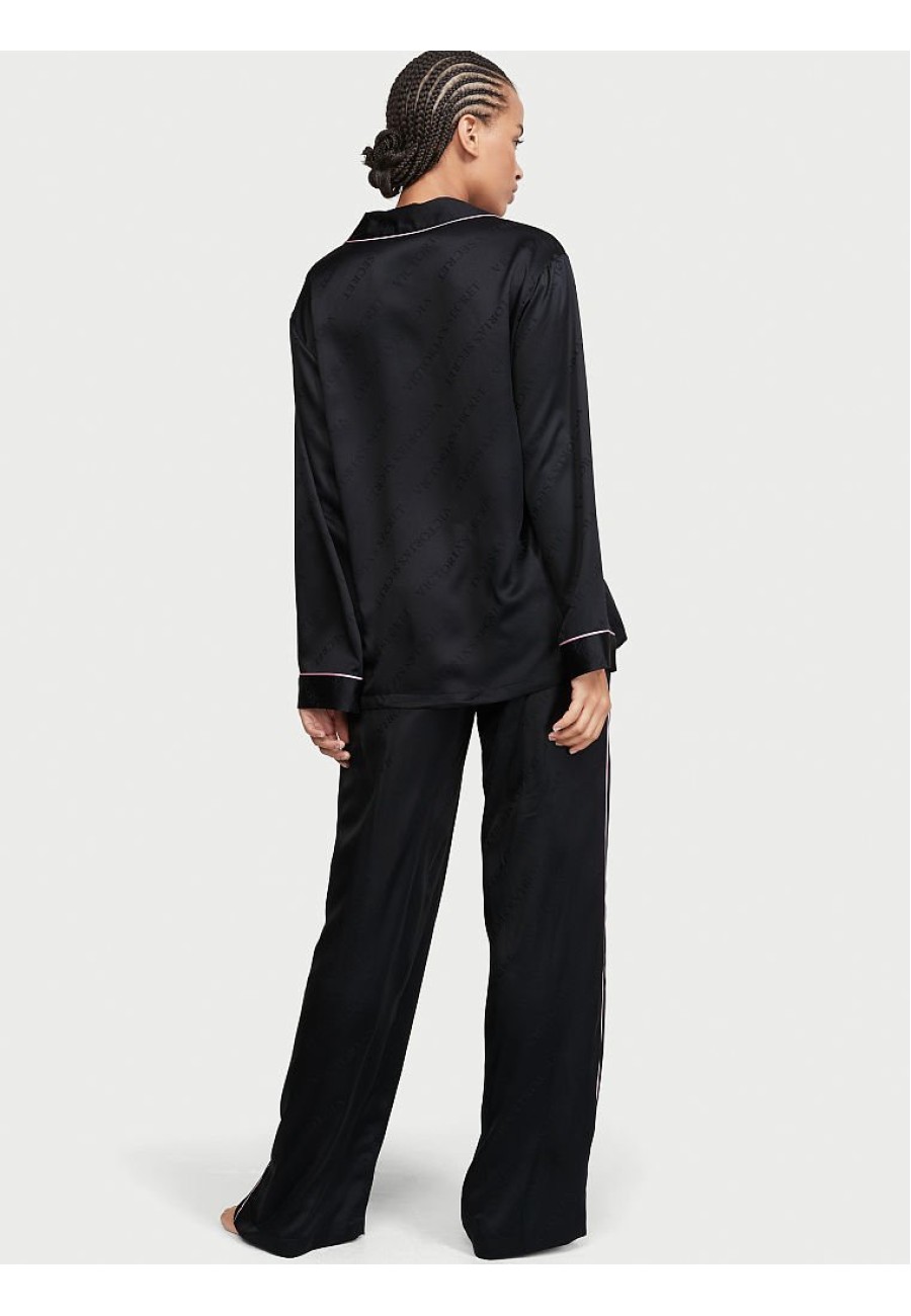 Піжама чорна Вікторія Сікрет Satin Long PJ Set Logo print VS