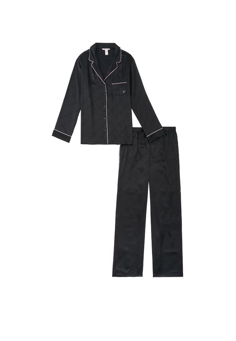 Піжама чорна Вікторія Сікрет Satin Long PJ Set Logo print VS