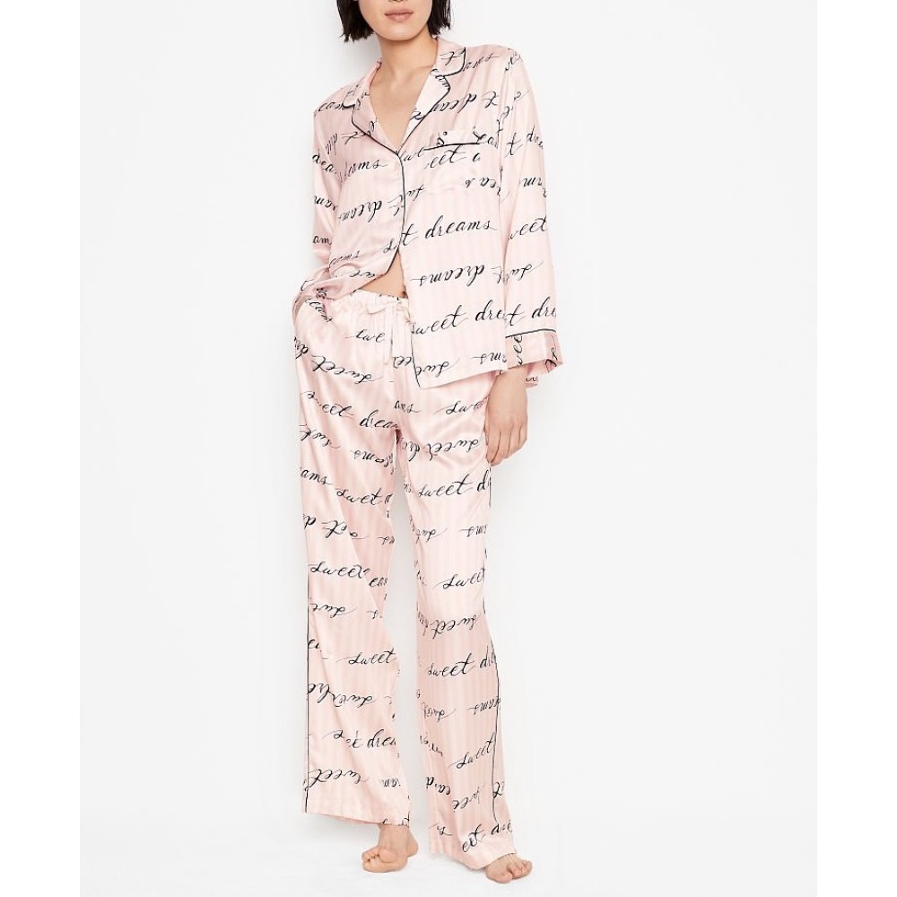 Піжама в рожеву смужку Вікторія Сікрет Satin Long PJ Set Logo print VS