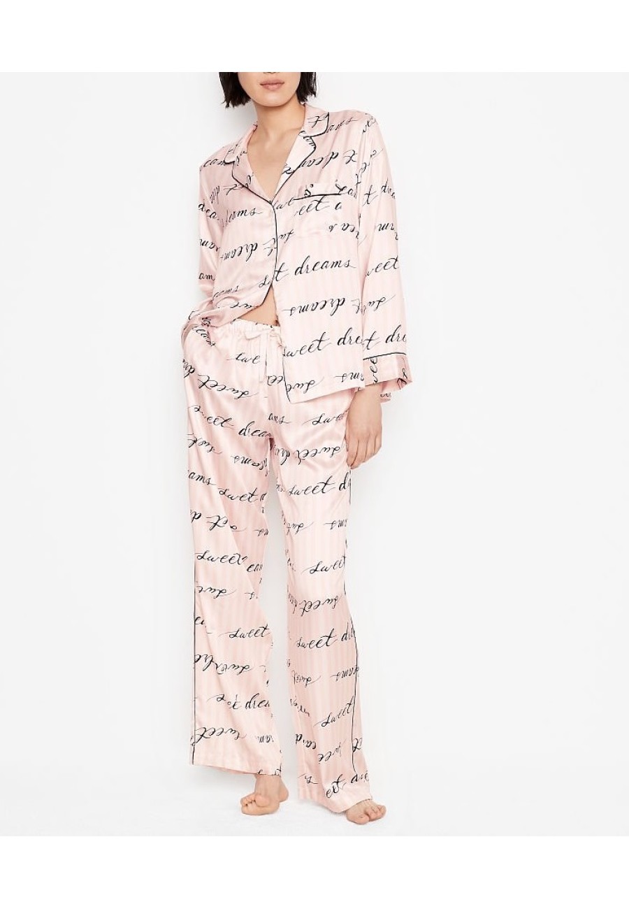 Пижама в розовую полоску VS Satin Long PJ Set Logo print