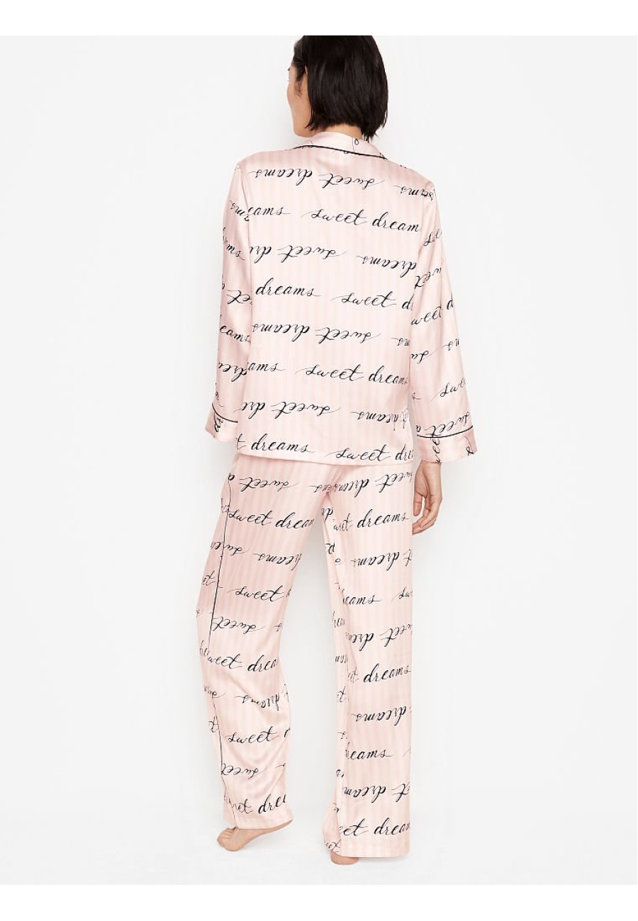 Піжама в рожеву смужку Вікторія Сікрет Satin Long PJ Set Logo print VS