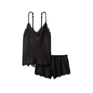 Сатинова піжама Chain Strap Satin Lace-Trim Cami Shorts Set Black