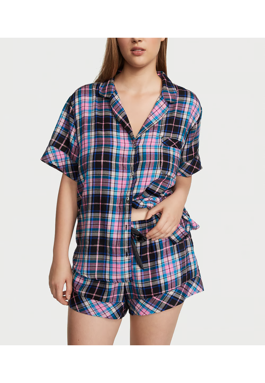 Піжама Flannel Short Pajama Set Pink Blue & Black Plaid