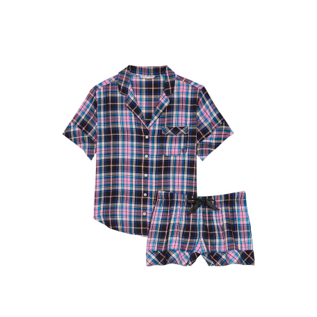 Піжама Flannel Short Pajama Set Pink Blue & Black Plaid